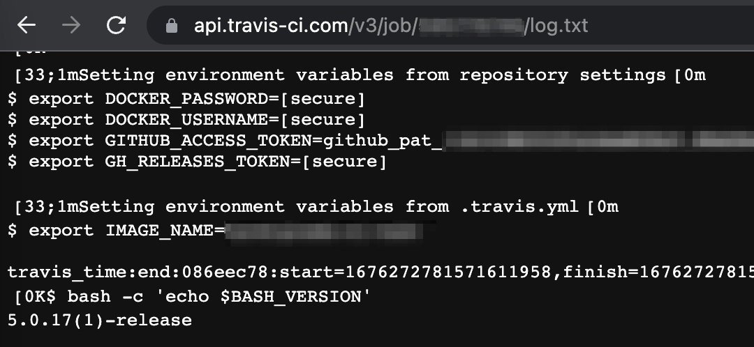 В этом журнале сборки Travis CI произошла утечка токена личного доступа GitHub на этапе «Установка переменных окружения из настроек репозитория».