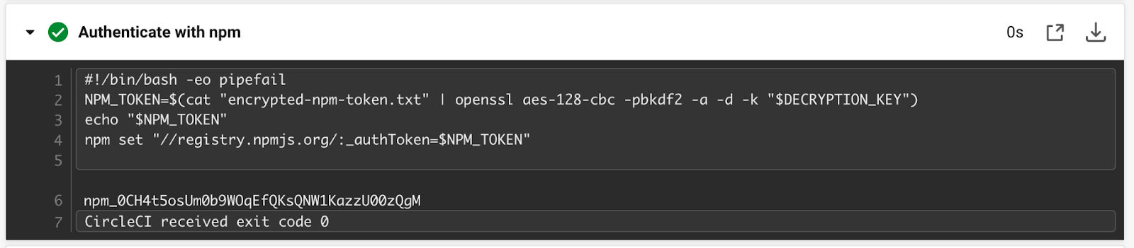 Журнал задачи CircleCI, в котором утекает токен учетной записи npm из зашифрованного файла.