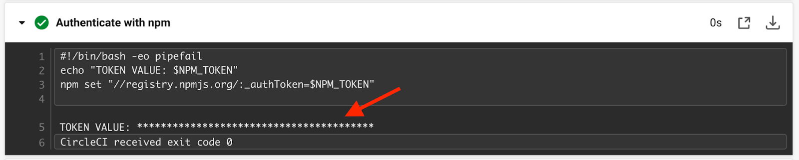 Маскирование секретного значения NPM_TOKEN в журнале задачи CircleCI