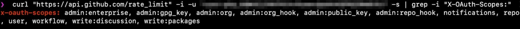 Терминальный вывод ответа от API GitHub, показывающий, что этот токен имеет различные административные области, а также области доступа к репозиторию, пользователю и рабочему процессу