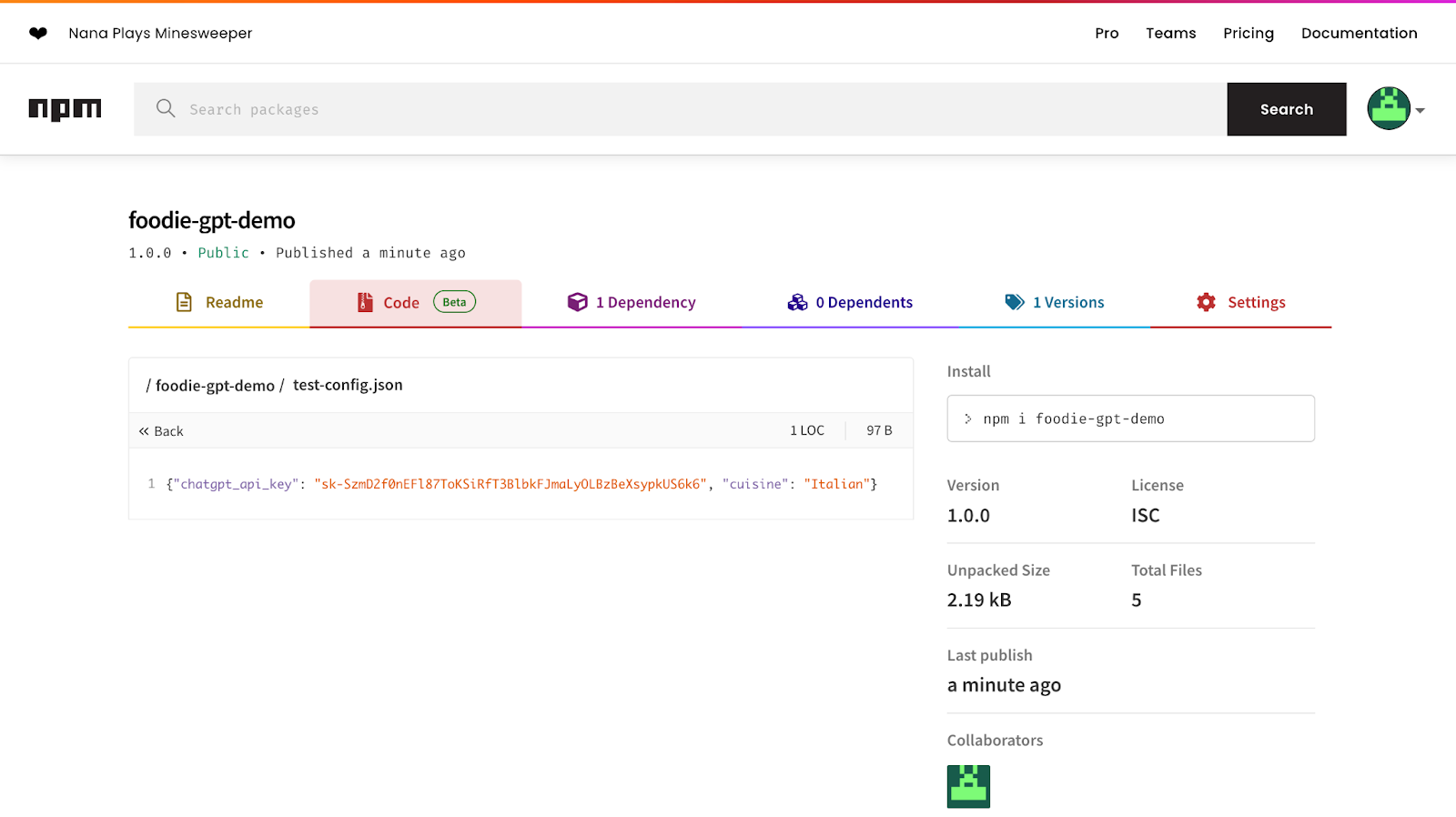Страница пакета npm для «foode-gpt-demo» с файлом тестовой конфигурации и общедоступным токеном API ChatGPT.